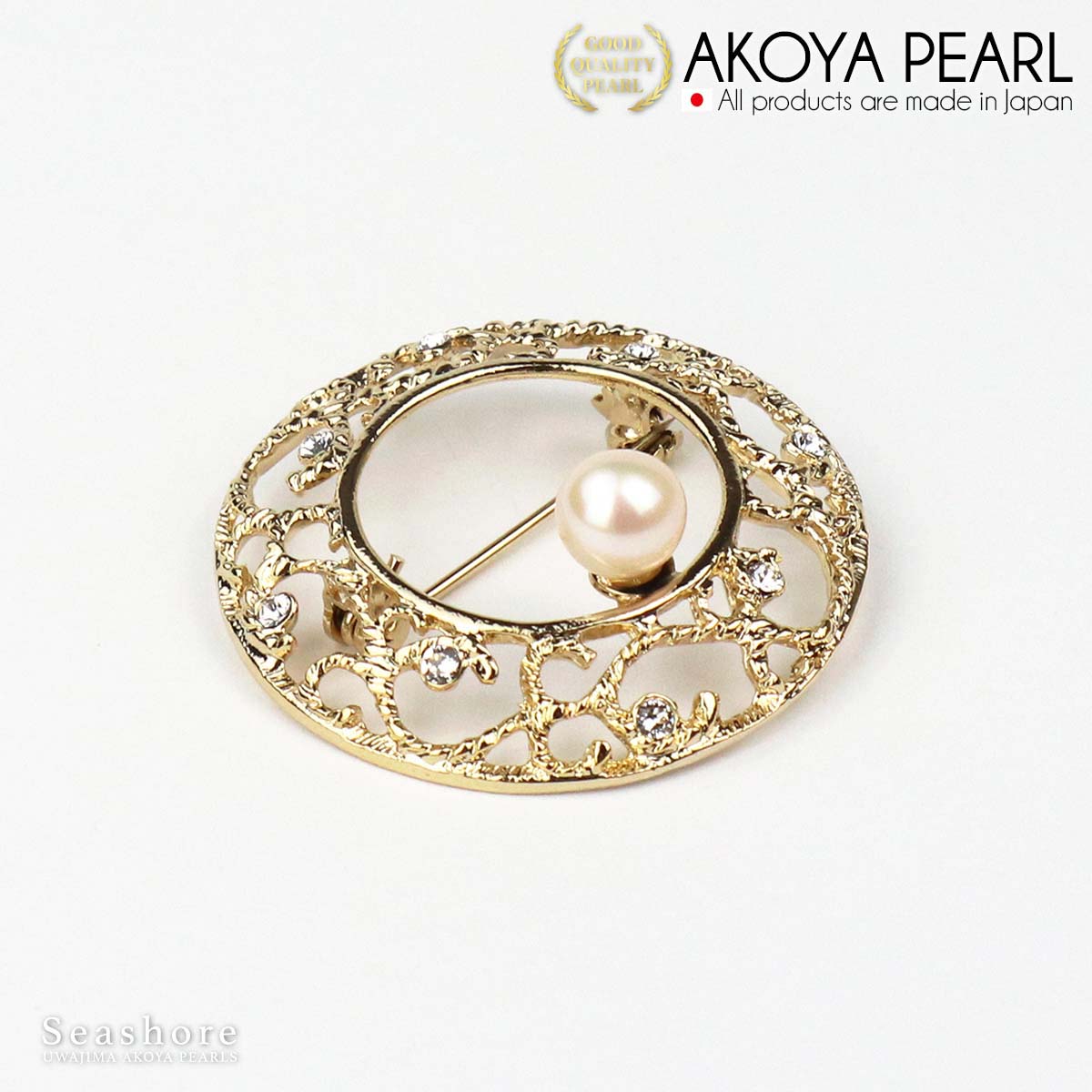 Pearl Brooch Circle Gold Brass White 7.5-8.0mm Akoya Pearl with Storage Case (3932)