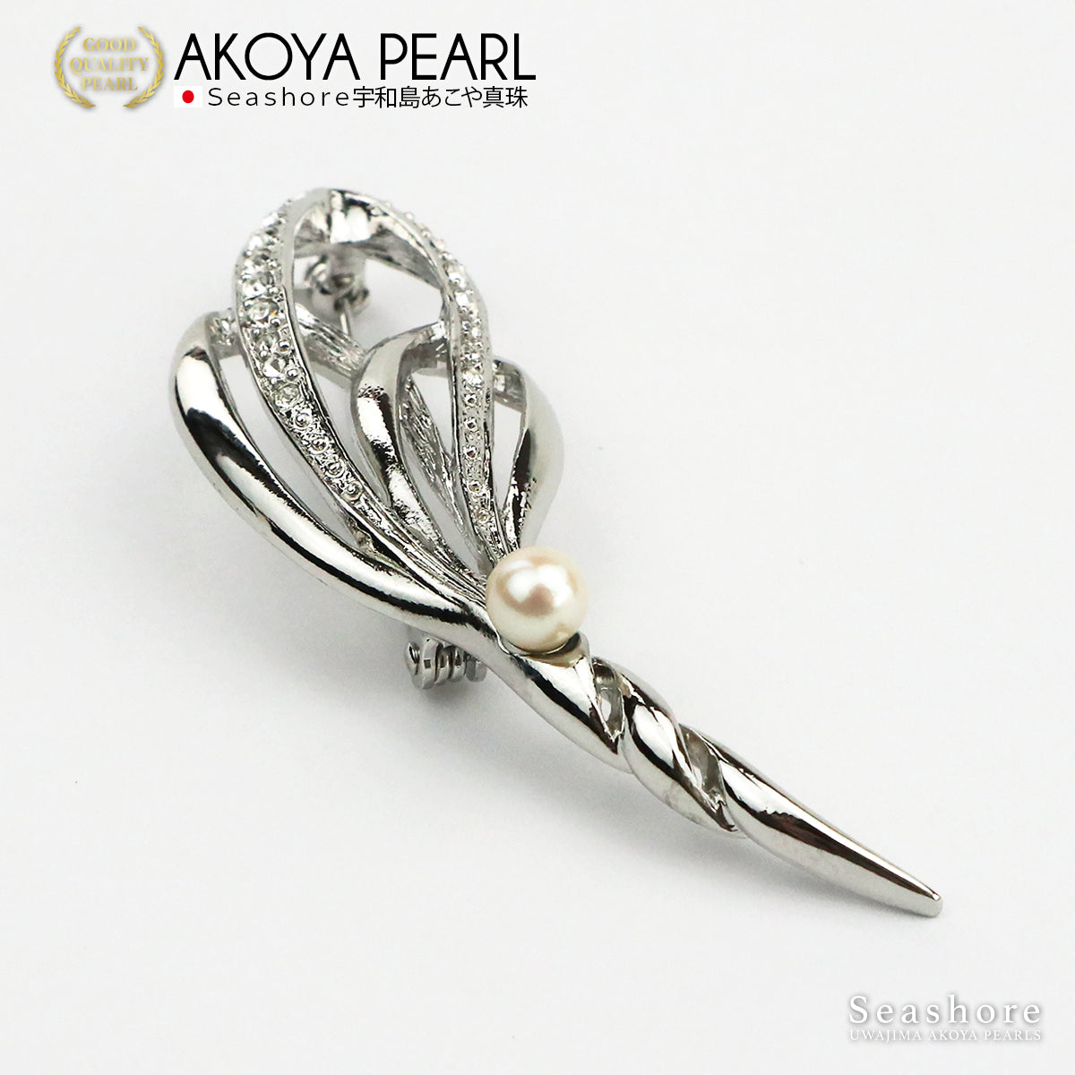 珍珠胸针仙翼黄铜白色 5.0-6.5 毫米日本 Akoya 珍珠带收纳盒 (3925)