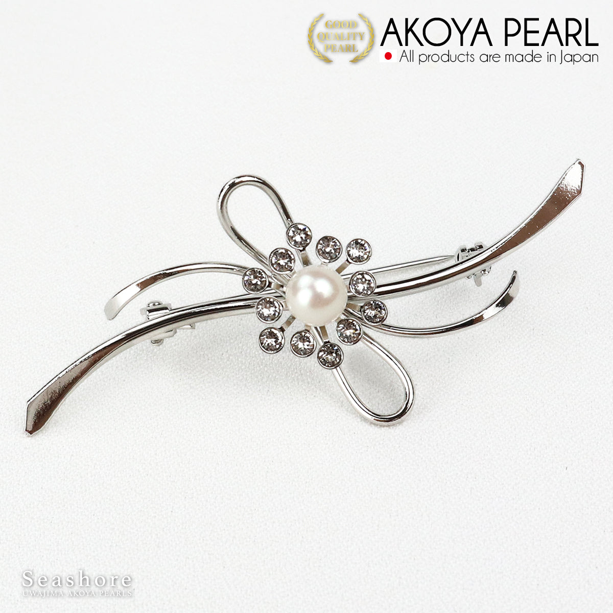 珍珠胸针波浪线丝带黄铜白色 6.5-7.0 毫米 Akoya 珍珠带收纳盒 (3928)