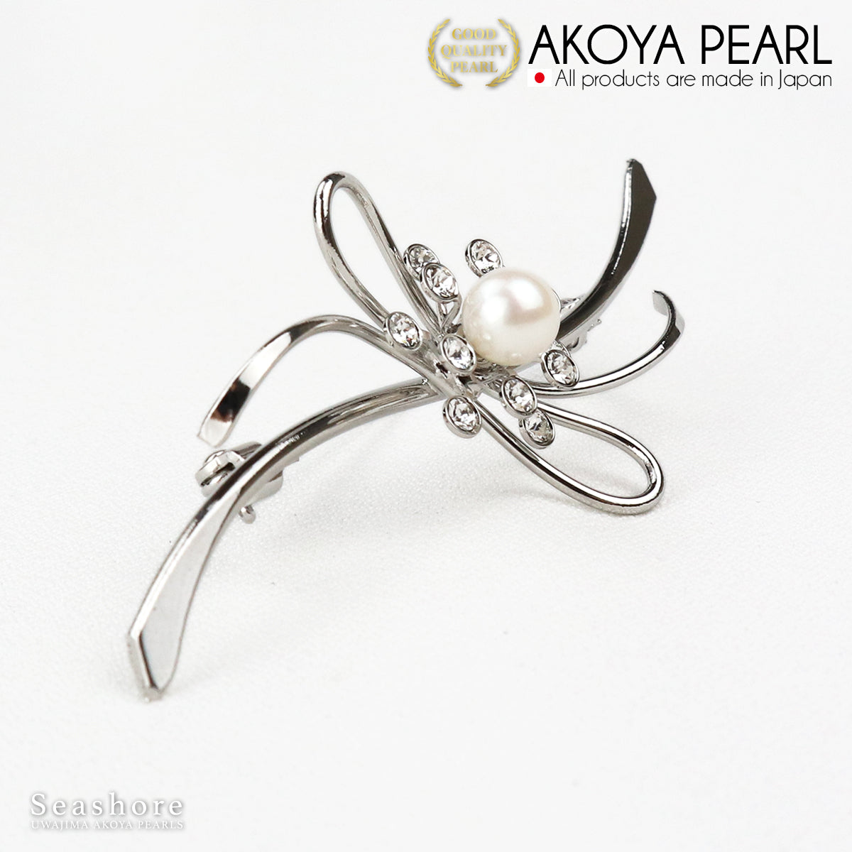 珍珠胸针波浪线丝带黄铜白色 6.5-7.0 毫米 Akoya 珍珠带收纳盒 (3928)