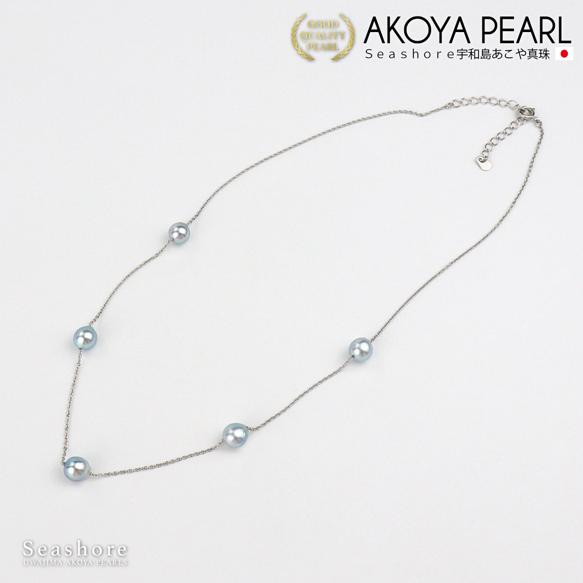 真珠 ステーション 5珠 ネックレス バロックパール ナチュラルブルー グレー 無調色 40cm 〜 45cm 6.5-7.0mm シルバー 厚紙製ケース付 (4404)