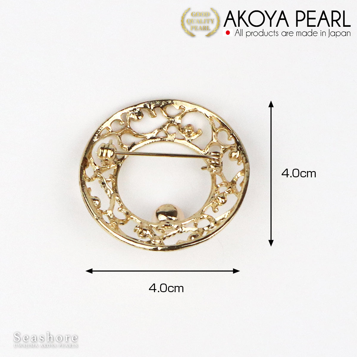 珍珠胸针圆圈金色黄铜白色 7.5-8.0 毫米 Akoya 珍珠带储物盒 (3932)