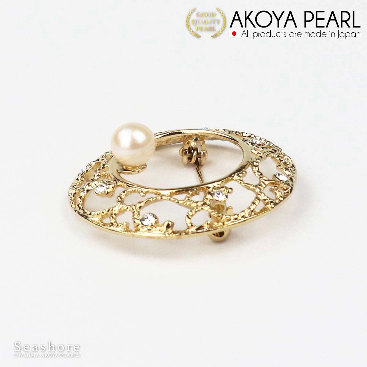 珍珠胸针圆圈金色黄铜白色 7.5-8.0 毫米 Akoya 珍珠带储物盒 (3932)