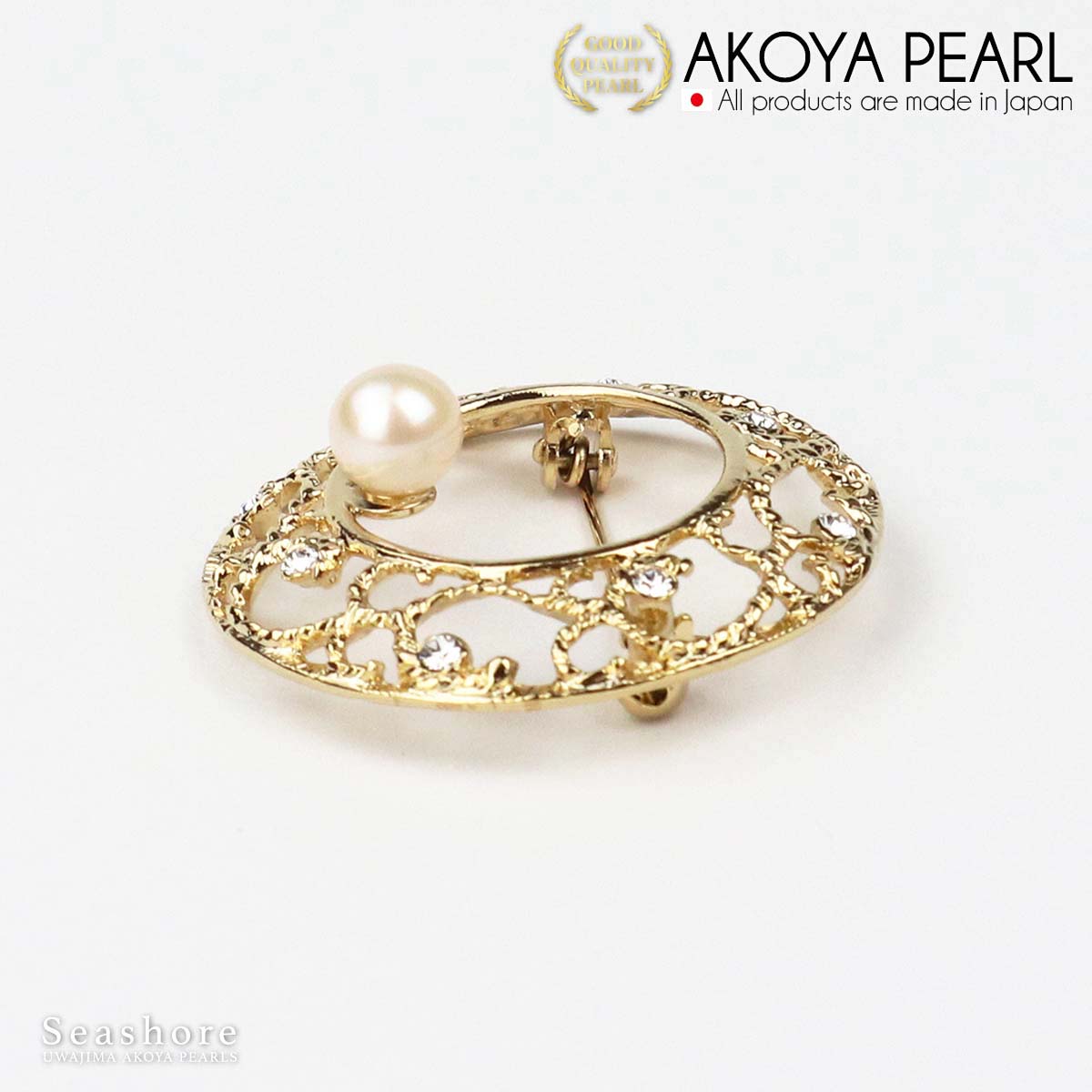 Pearl Brooch Circle Gold Brass White 7.5-8.0mm Akoya Pearl with Storage Case (3932)