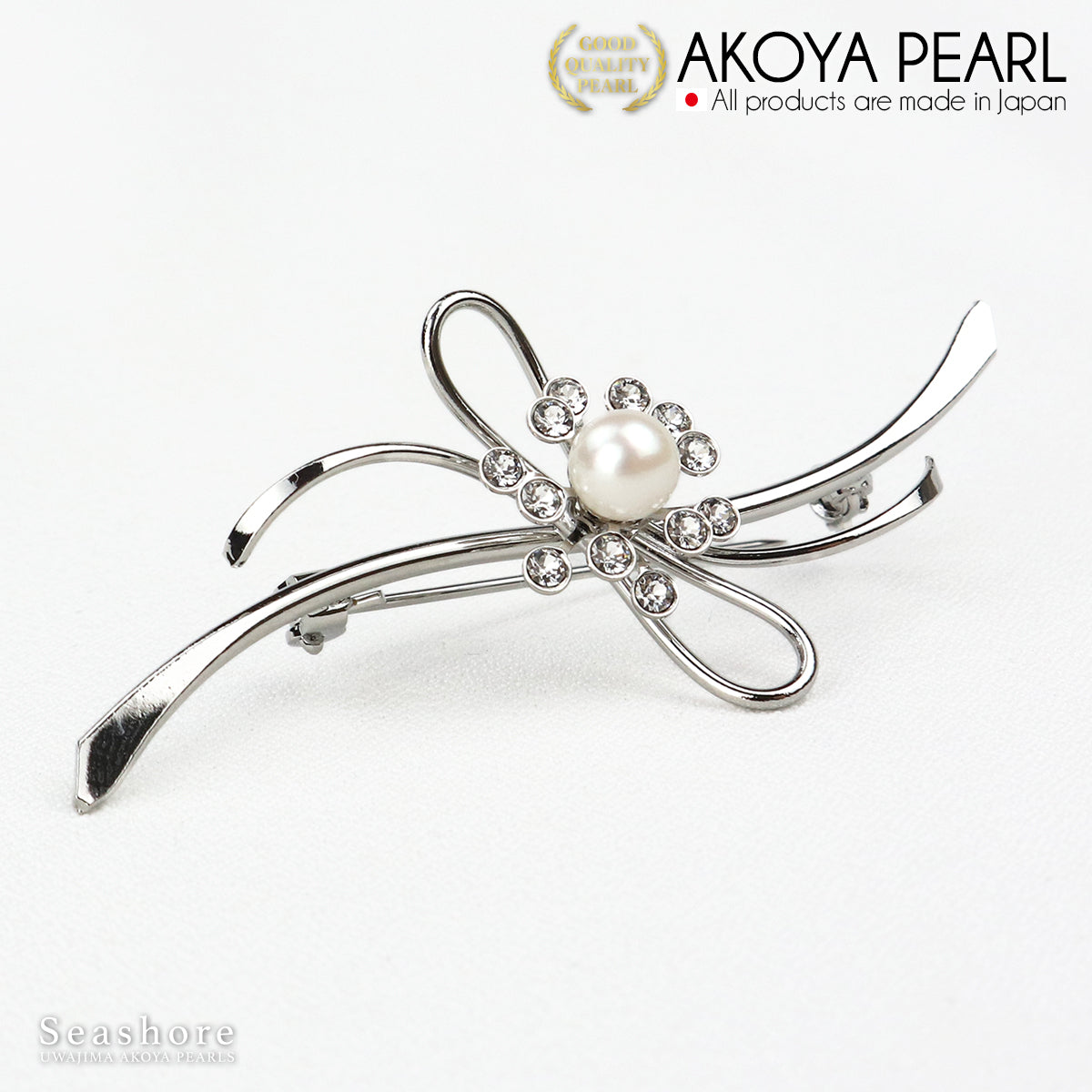 珍珠胸针波浪线丝带黄铜白色 6.5-7.0 毫米 Akoya 珍珠带收纳盒 (3928) 